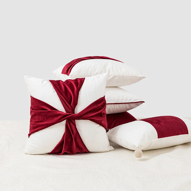 Afralia™ Velvet Red Bow Hairball Stitching Christmas Pillow Cover