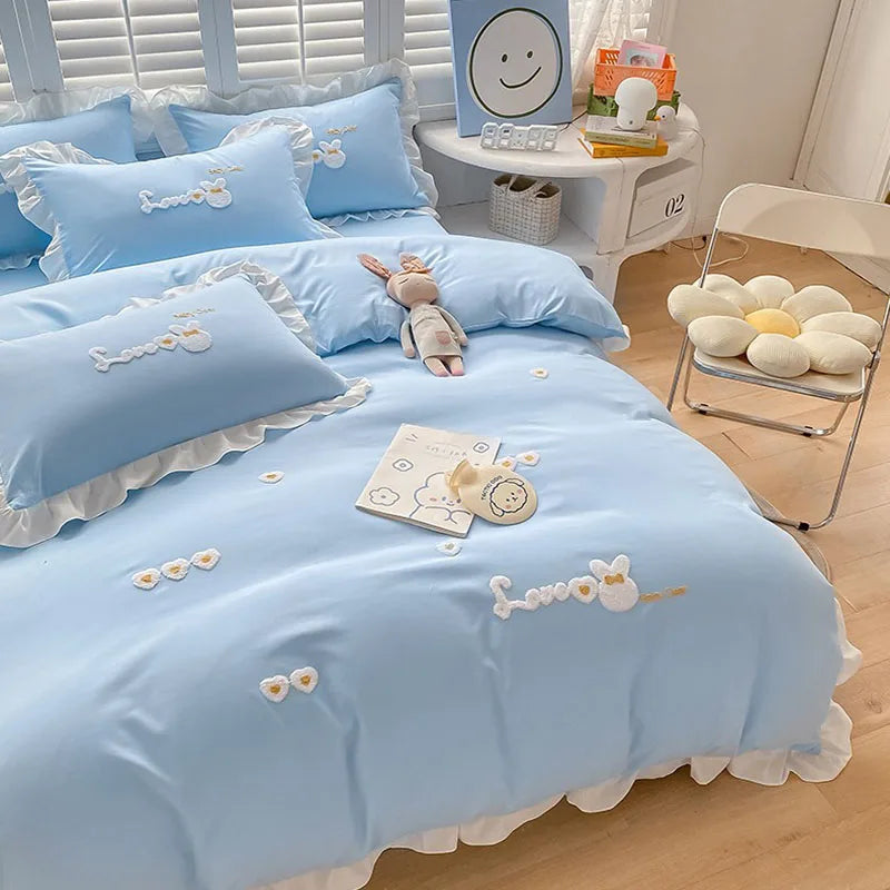 Afralia™ Cartoon Princess Embroidered Cotton Bedding Set for Adult Girls