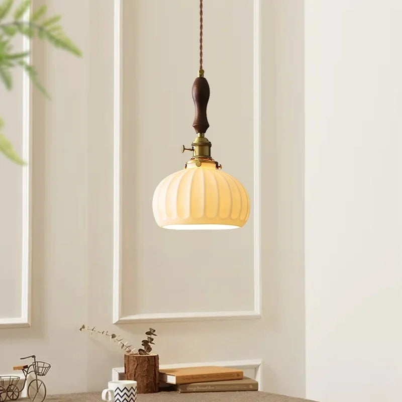 Afralia™ Wood Handle LED Pendant Lights Japanese Vintage Style Bar Bedroom Living Room HangLamp