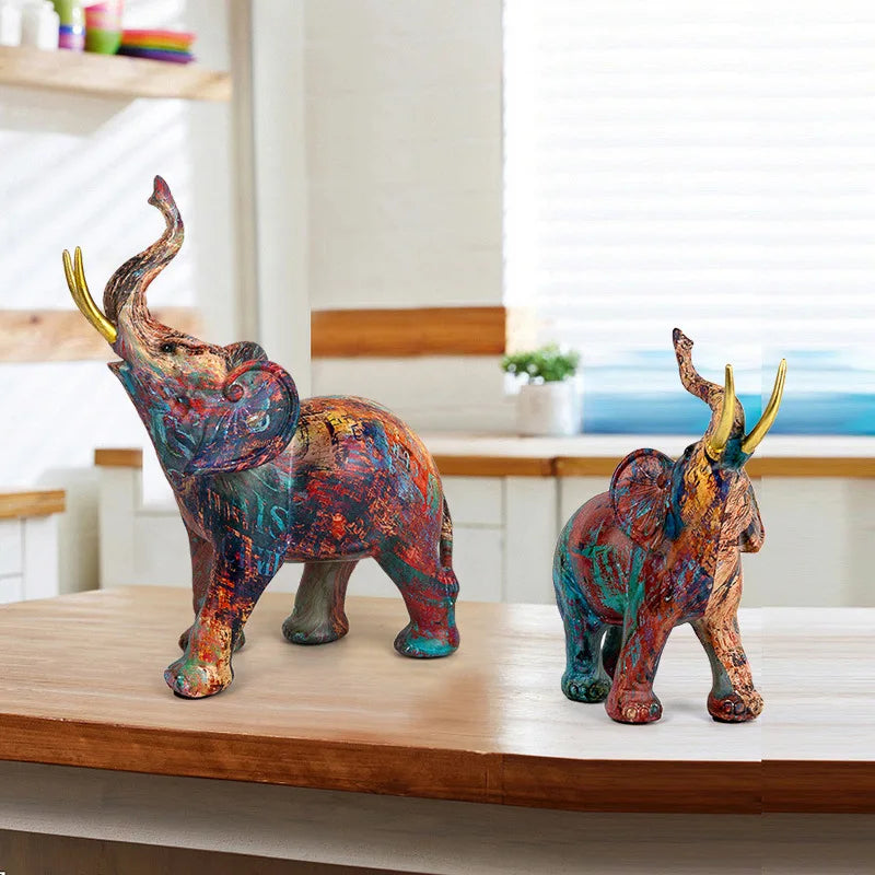 Afralia™ Splatter Art Elephant Decor Statue, Colorful Resin Animals, Desk Collection Display