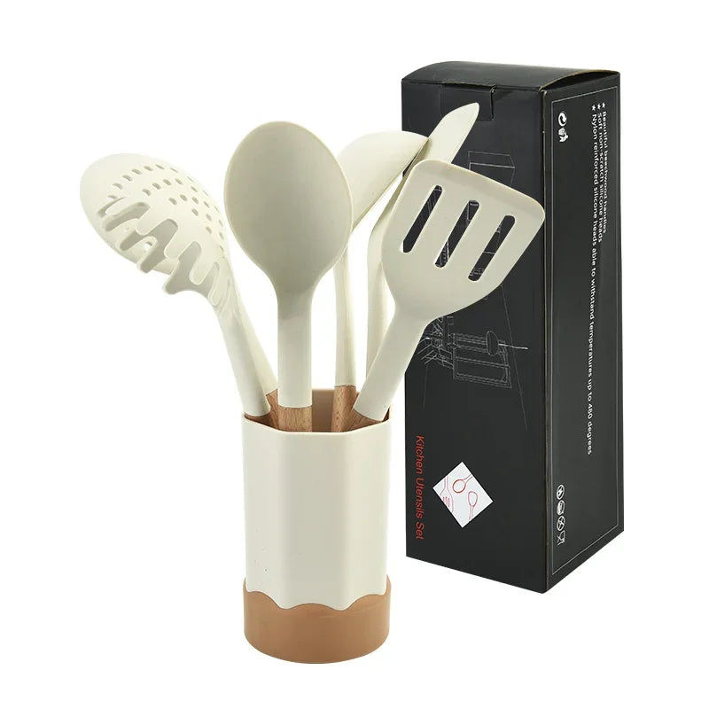 Afralia™ Silicone Kitchen Utensils Set with Wooden Handles and Storage Bin