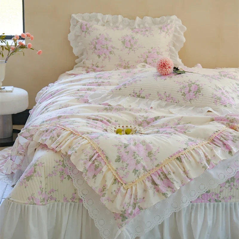 Afralia™ Pure Cotton Floral Quilted Bedding Set with Lace Ruffles