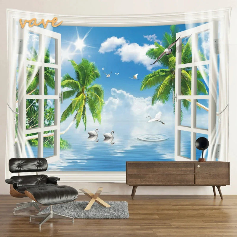 Scenic Sunset Palm Tree Tapestry by Afralia™ - Boho Beach Landscape Bedroom Decor