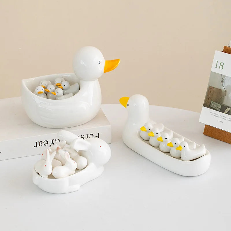 Afralia™ Duck Chopstick Holder Tray White Rabbit Porcelain Plate Home Decor