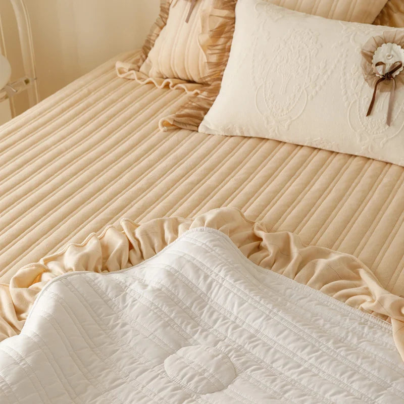 Afralia™ Velvet Lace Ruffles Quilted Bedding Set with Pillowcases
