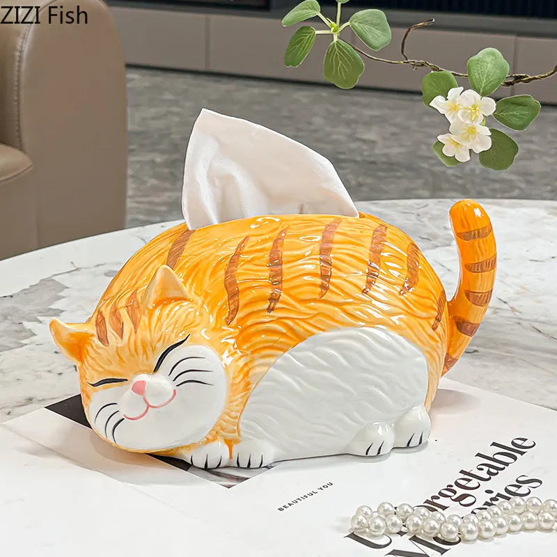 Afralia™ Cartoon Ginger Cat Ceramic Tissue Box - Creative Desk Decoration & Paper Towel Case