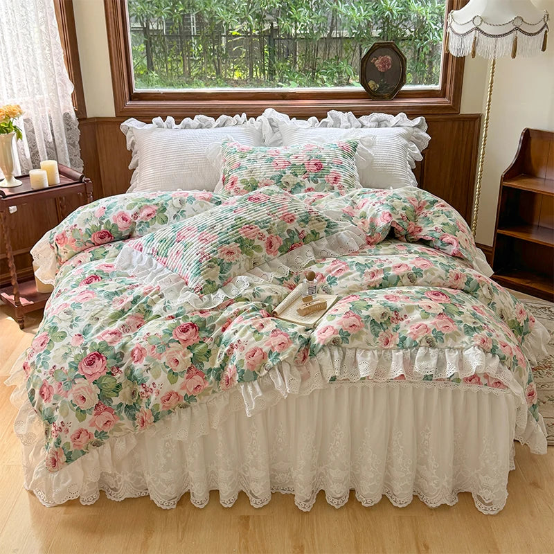 Afralia™ Floral Print Cotton Princess Bedding Set with Vintage Lace Details
