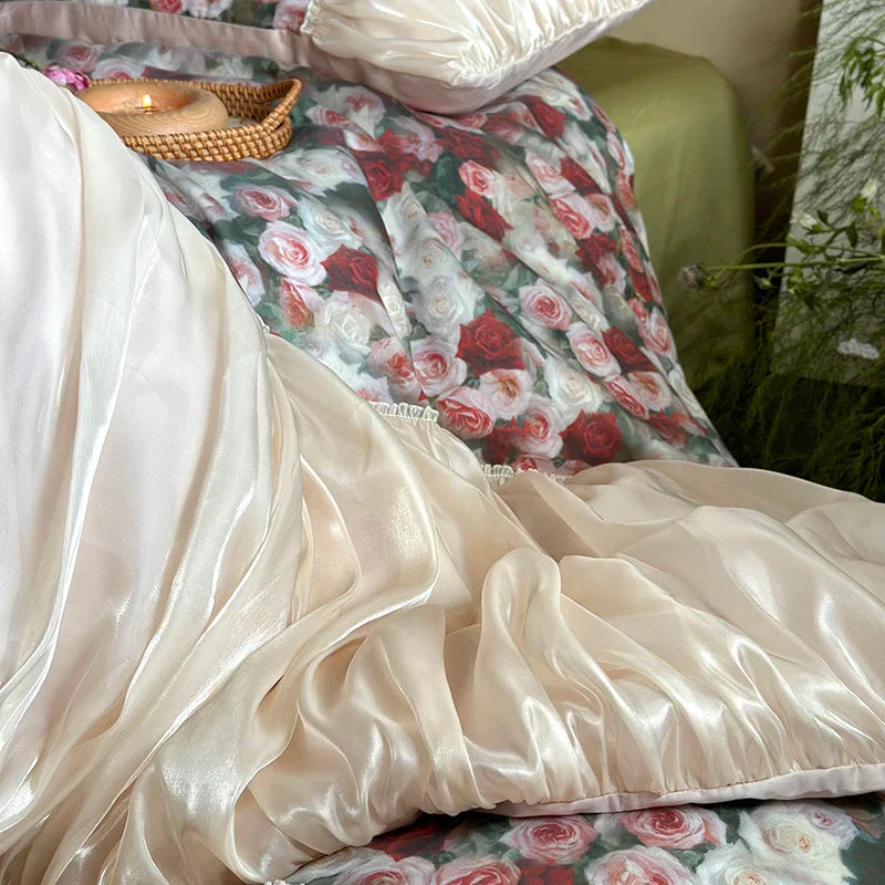 Afralia™ French Rustic Rose Flowers Duvet Set with Pleated Ruffles & Egyptian Cotton