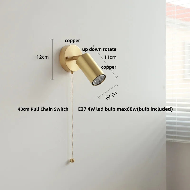 Afralia™ Nordic Copper Lampshade LED Wall Sconce with Pull Chain Switch