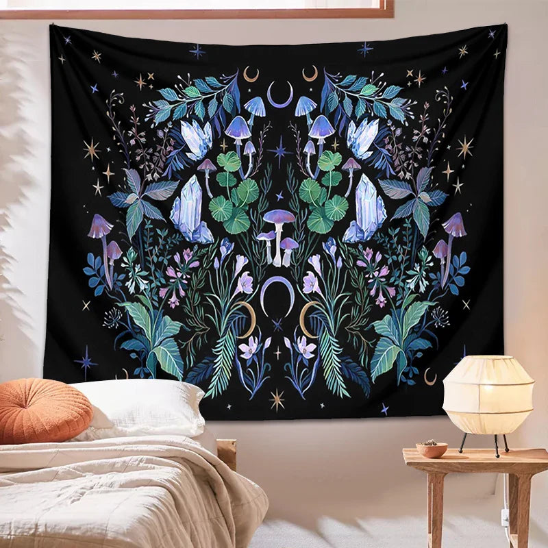 Afralia™ Moon Moth Mushroom Forest Mandala Tapestry Botanical Bedroom Decor