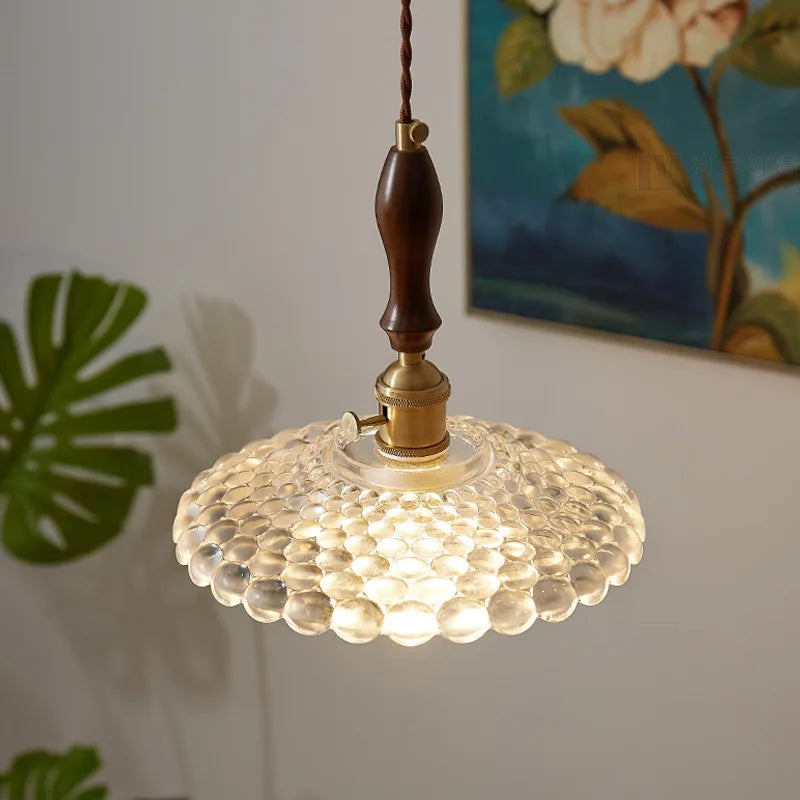 Afralia™ Copper Glass Pendant Light Fixture with Wood Handle & LED Bulb
