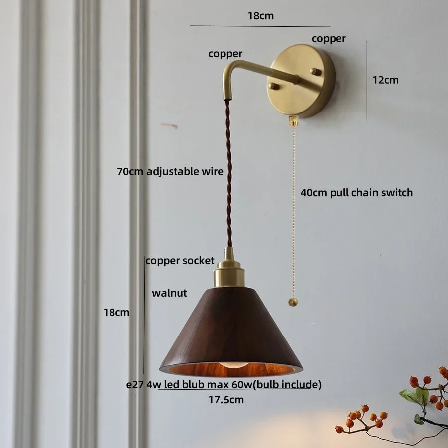 Afralia™ Ash Wood LED Wall Lamp with Pull Chain Switch for Home Decor