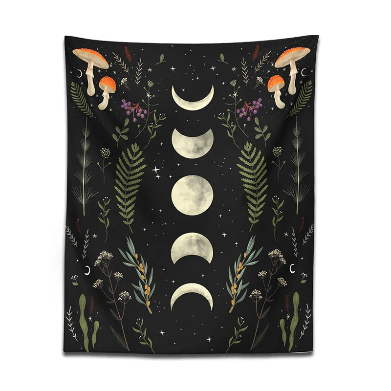 Afralia™ Moon Phase Mushroom Tapestry Wall Hanging Tapestries - Boho Room Decor