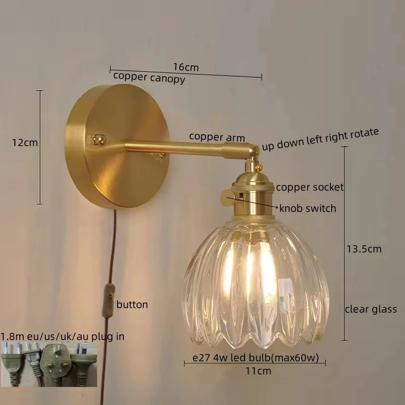 Afralia™ Copper Glass Knob Switch LED Wall Light, Nordic Modern Bedside Lamp