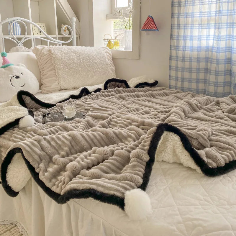 Afralia™ Ribbed Flannel Lamb Fleece Blanket for Warmth & Coziness