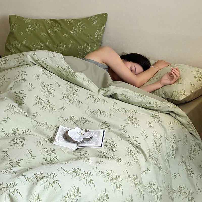 Afralia™ Bamboo Leaf Jacquard Bedding Set: Soft & Comfortable Quilt Set, 100% Cotton, Green, Adult & Kids.