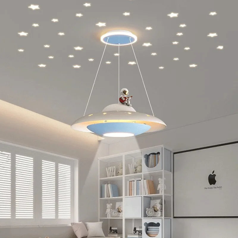 Afralia™ Cartoon Astronaut Chandelier UFO Ceiling Lamp for Kids Girl Boy Bedroom