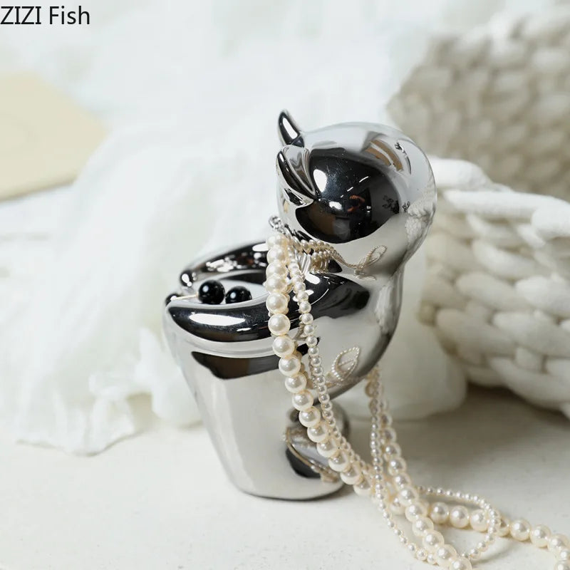 Afralia™ Silver Ceramic Cat Candle Holder Home Aroma Container & Decorative Desk Ornament