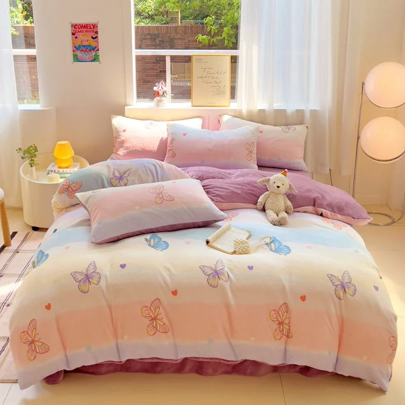 Afralia™ Snowflake Velvet Cute Cartoon Flower Bedding Set for Single Queen