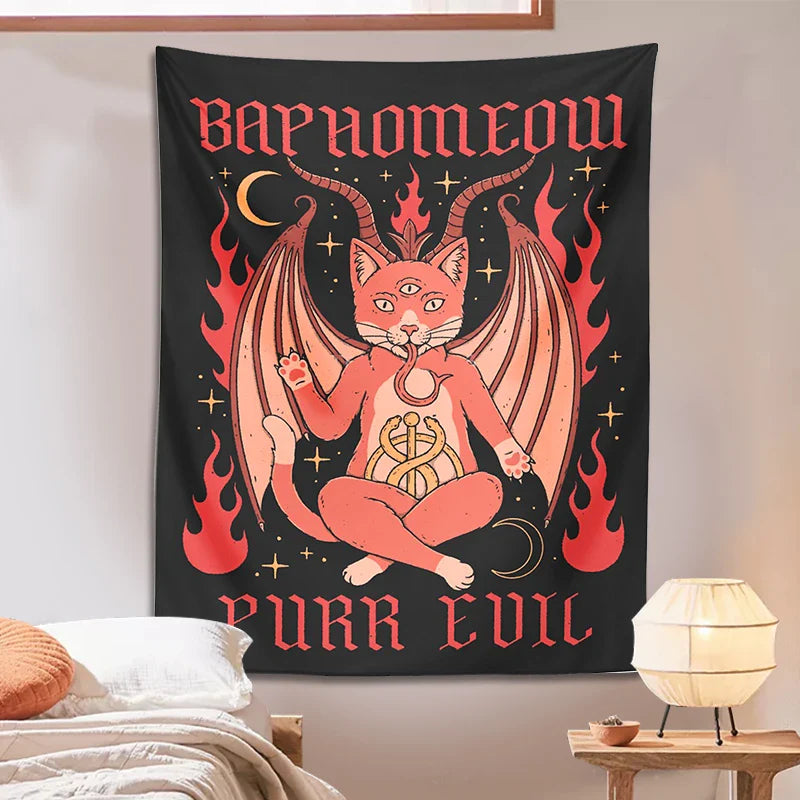 Afralia™ Cat Baphomeow Tapestry: Boho Witchcraft Moon Star Decor for Home & Dorm Room