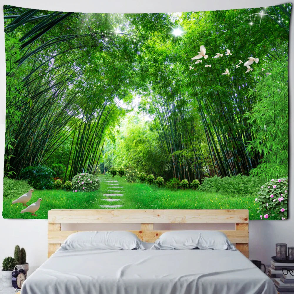 Afralia™ Bamboo Forest Pigeon Path Tapestry: Hippie Psychedelic Wall Hanging for Natural Home Decor