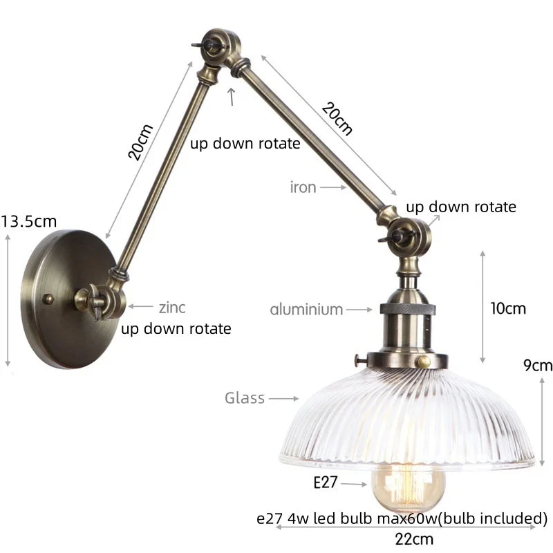 Afralia™ Industrial Adjustable LED Wall Sconce with Clear Glass Shade