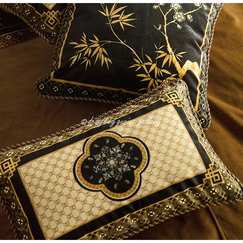 Afralia™ Bamboo Black Gold Lumbar Pillow Covers - Oriental Chinese Style Luxury 30x50cm