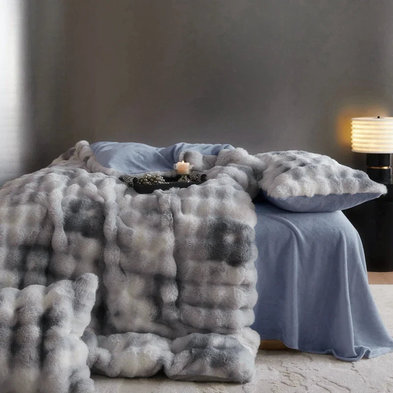Afralia™ Gradient Blue & Grey Faux Rabbit Fur Bedding Set: Velvet Fleece Duvet, Sheets, Pillowcases