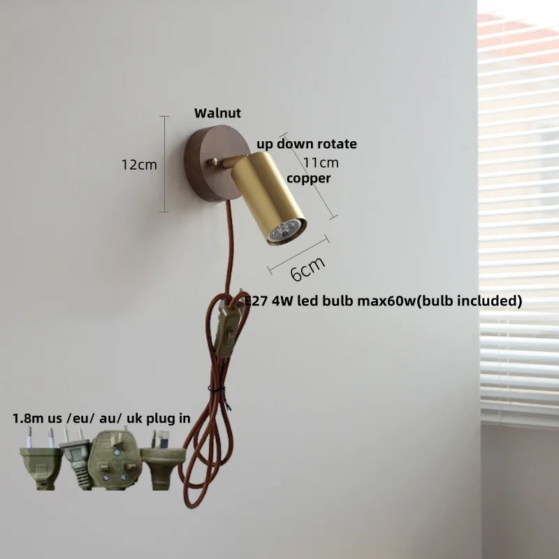 Afralia™ Walnut Wood LED Wall Lights Bedroom Copper Rotate Glass Pull Chain Switch
