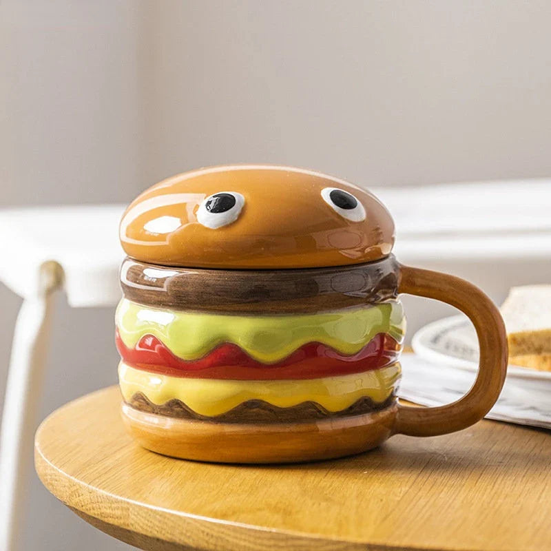 Afralia™ Ceramic Hamburger Coffee Cup with Lid, Cute Cartoon Children's Mug