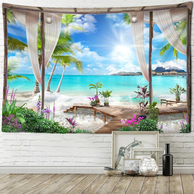 Afralia™ Coconut Forest Sea View Tapestry Wall Hanging - Aesthetic Home Decor