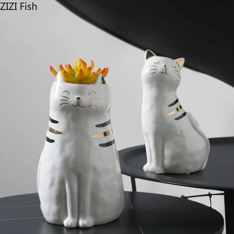 Afralia™ Cat Vase Porcelain Kitten Ornaments Flowerpot Handicrafts Home Decoration