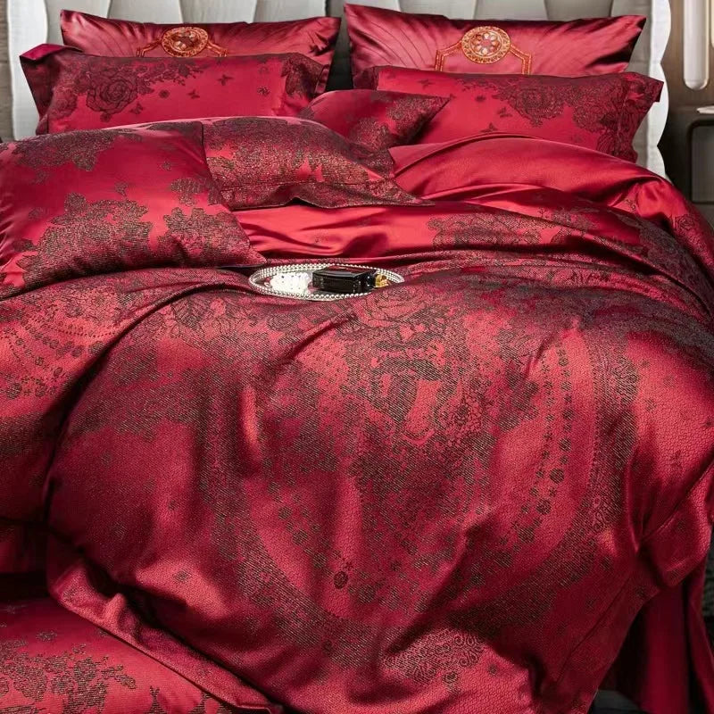 Afralia™ Burgundy Red Luxury Jacquard Egyptian Cotton 5Pcs Bedding Set