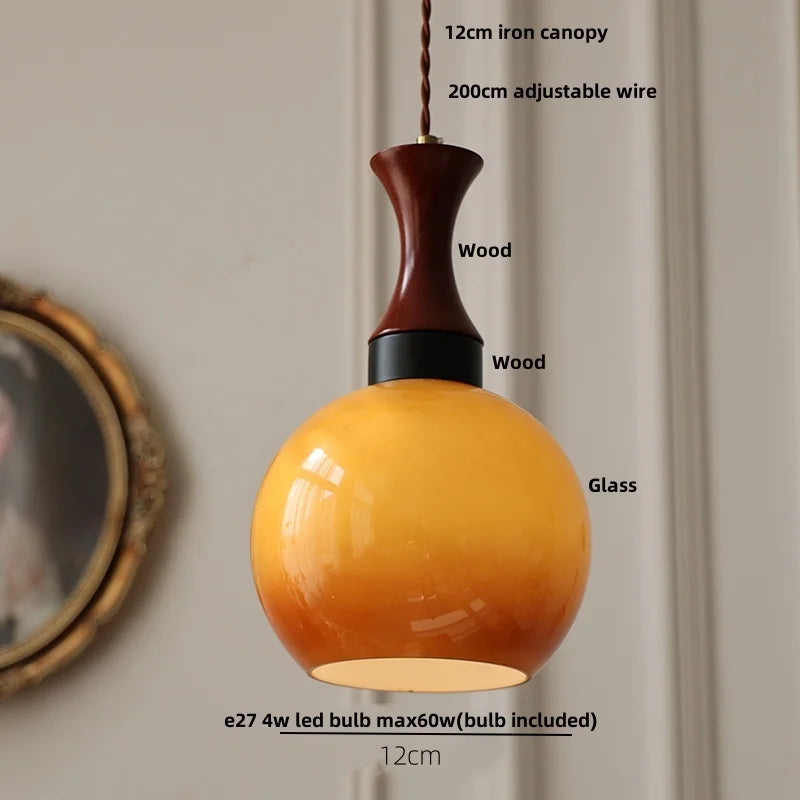 Afralia™ Amber LED Pendant Light Fixture Wood Glass Loft Adjustable Hang Lamp