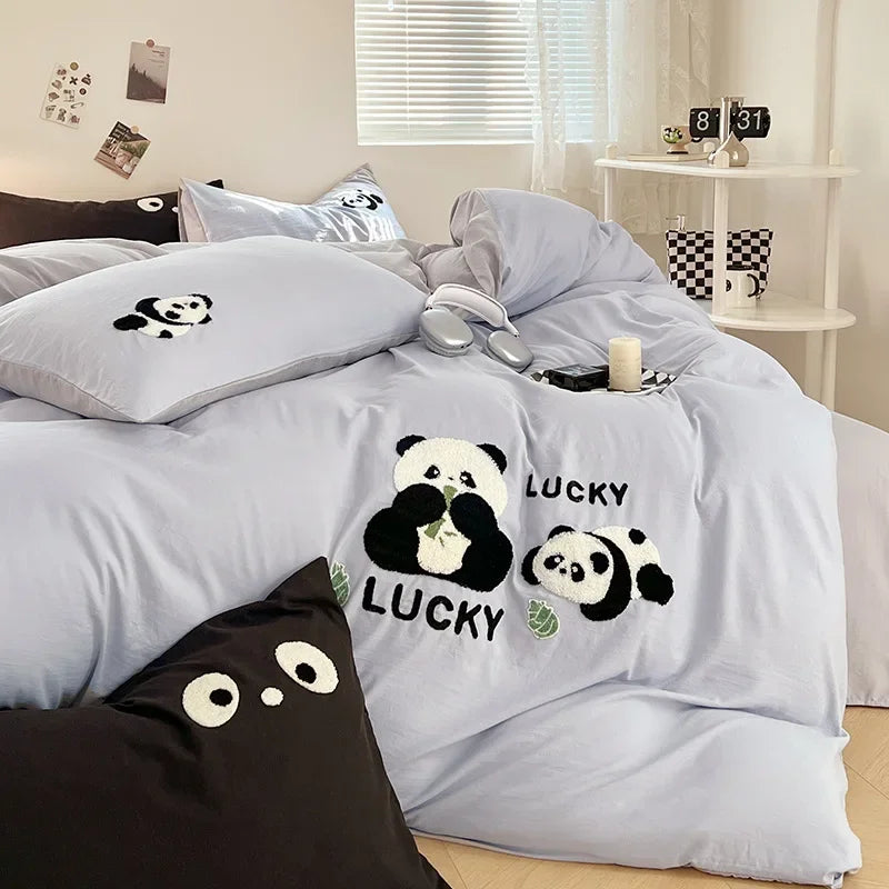 Afralia™ Panda Embroidery Washed Cotton Comforter Set with Fitted Sheet