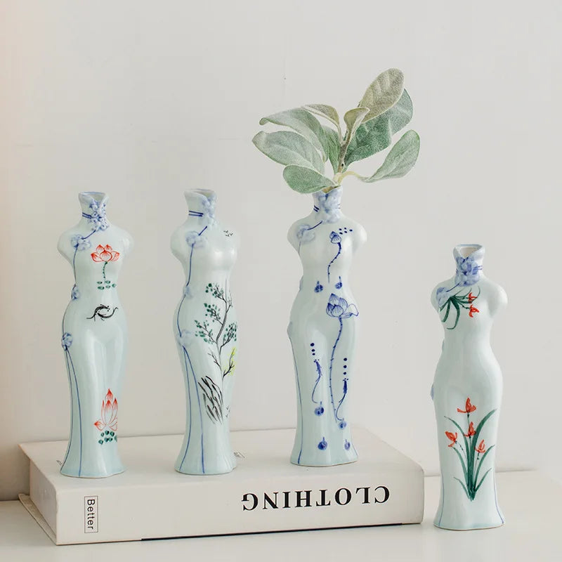 Afralia™ Retro Cheongsam Ceramic Vase Human Figure Maid Home Decor