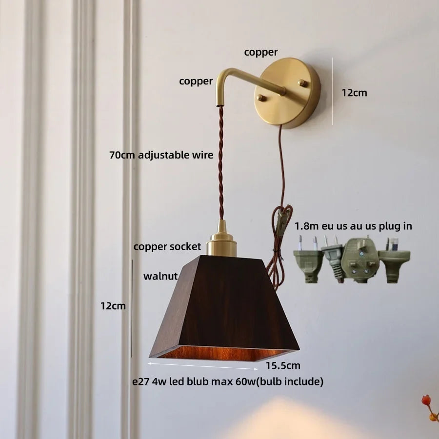 Afralia™ Wood LED Wall Lamp with Copper Socket & Pull Chain Switch - Adjustable Staircase Light