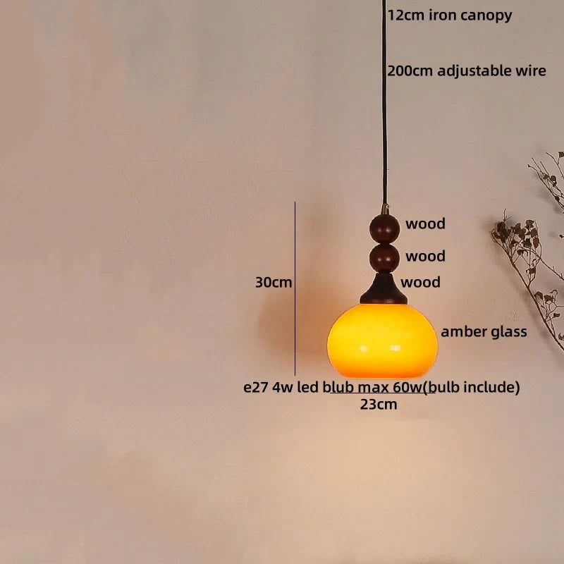 Afralia™ Amber Glass LED Pendant Light for Kitchen Cafe Restaurant Rustic Wood Interior Lighting