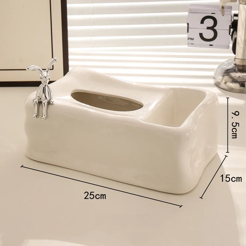 Afralia™ Silver Ceramic Tissue Box & Rabbit Napkin Holder - Home Desktop Storage