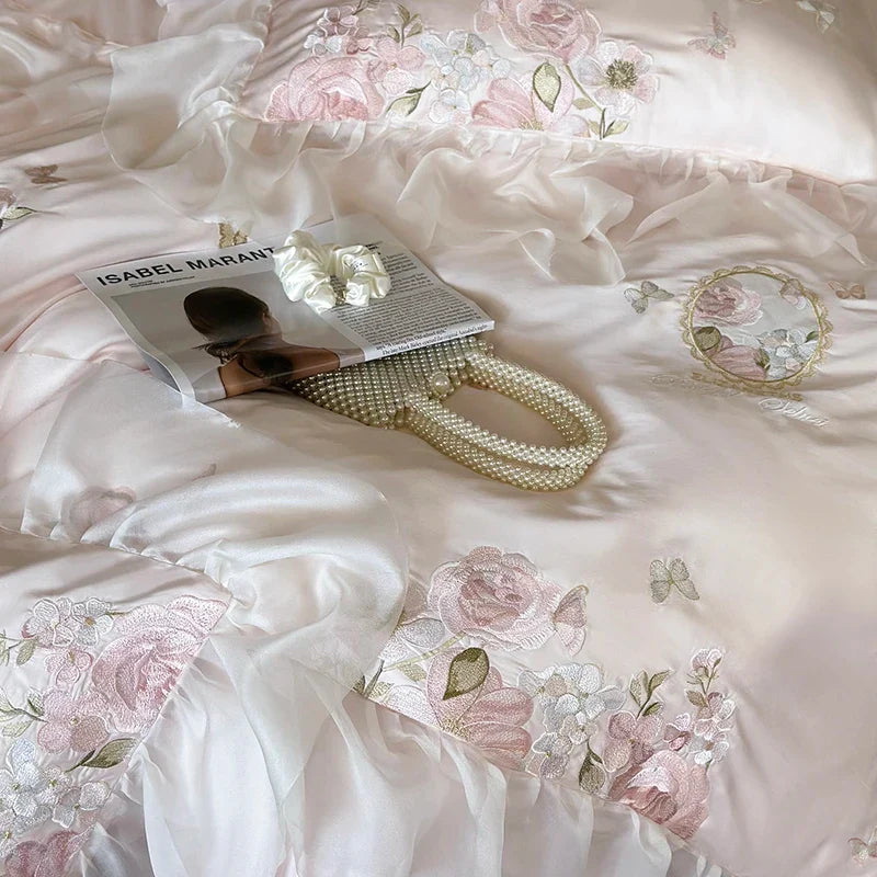 Afralia™ Vintage Lace Ruffles Embroidery Bedding Set with Duvet, Sheet, and Pillowcases