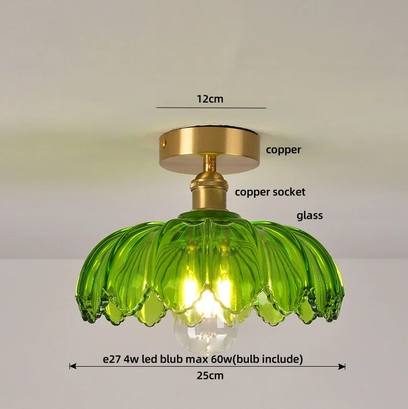 Afralia™ Green Flower Glass Copper Ceiling Light - Nordic Modern LED, Living Room Bedroom Hallway Fixtures