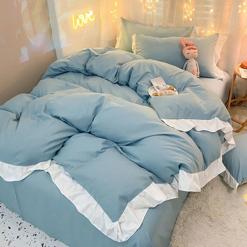 Afralia™ Cotton Ruffle Edge Duvet Cover Set - Soft, Thick, Solid Color