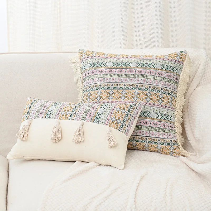 Afralia™ Handmade Tassel Cushion Cover Retro Jacquard Patchwork Fringed Pillow Cover