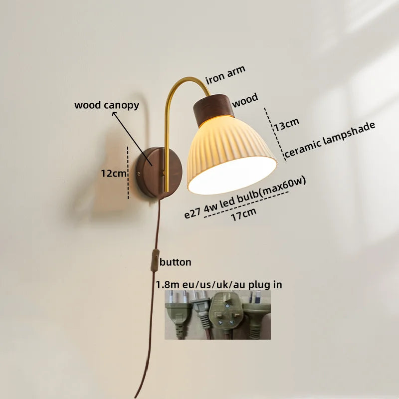 Afralia™ Ceramic Wood LED Wall Lights Modern Bedside Lamp for Home Decor