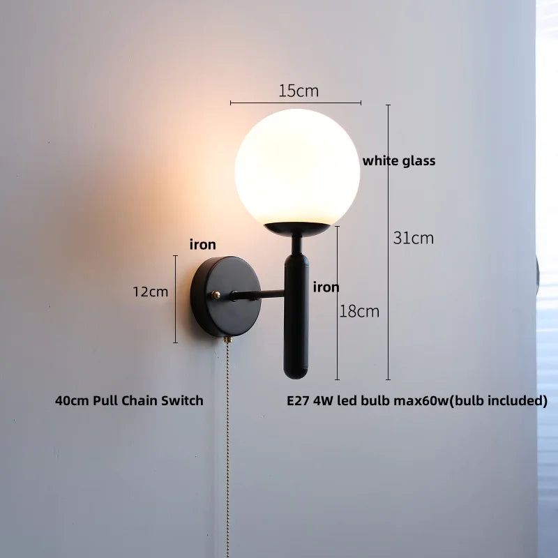 Afralia™ Modern Black Iron LED Wall Light with Pull Chain Switch & White Glass