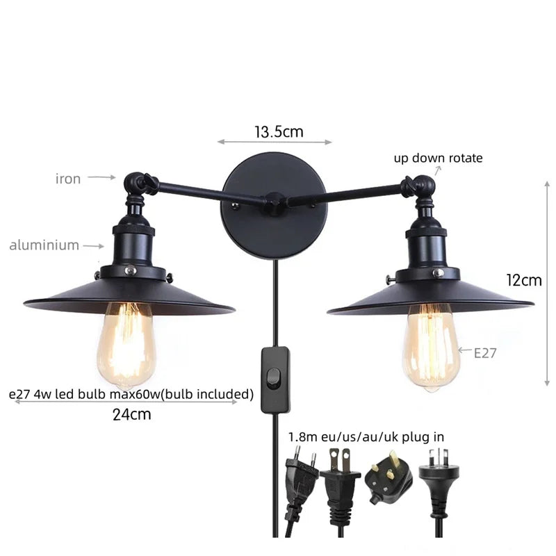 Afralia™ Vintage Iron 2-Head LED Wall Lamp for Foyer Living Room & Bedside