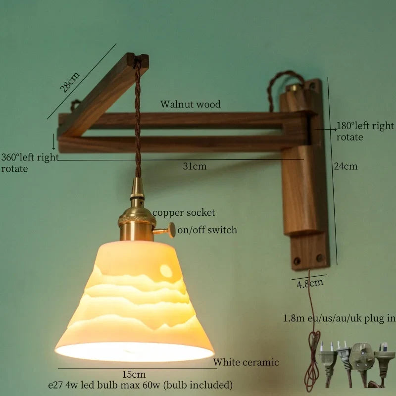 Afralia™ Ceramic LED Wall Sconce Walnut Wood Copper Pull Chain Switch Light