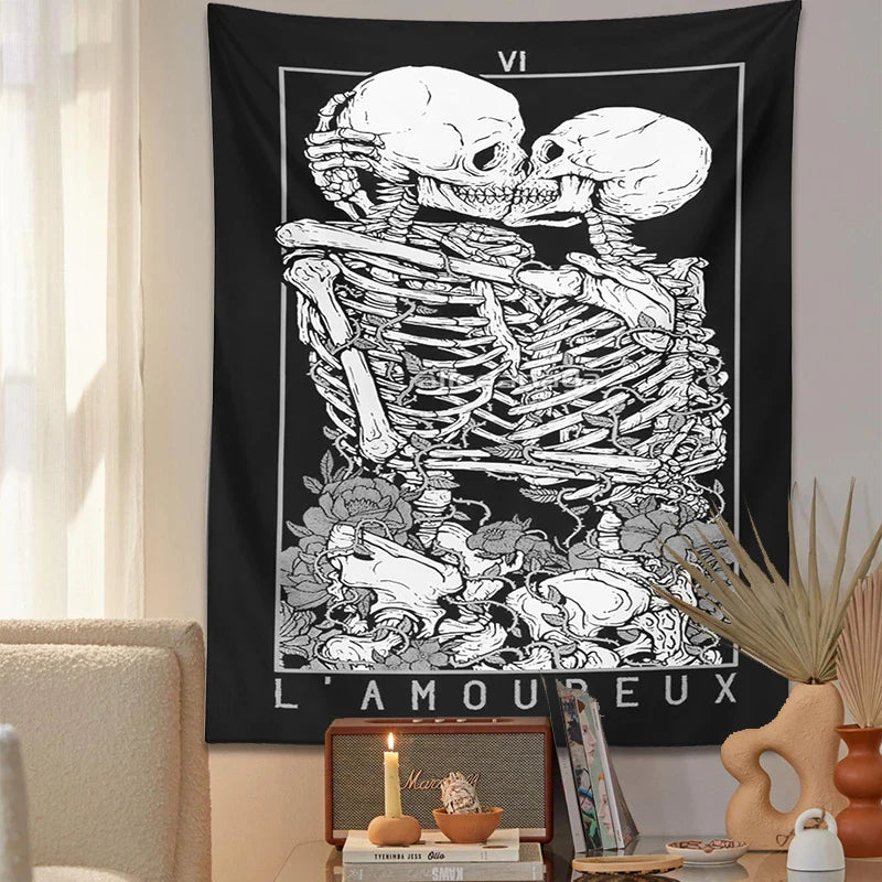 Afralia™ Kissing Lovers Tarot Tapestry: Skeleton & Rose Hippie Room Decor