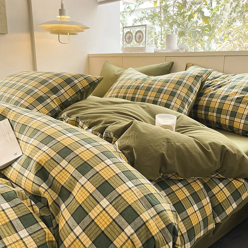 Afralia™ Plaid Cotton Bedding Set: Soft & Cozy Queen Single Fitted Sheet, Quilt Cover, Pillowcase