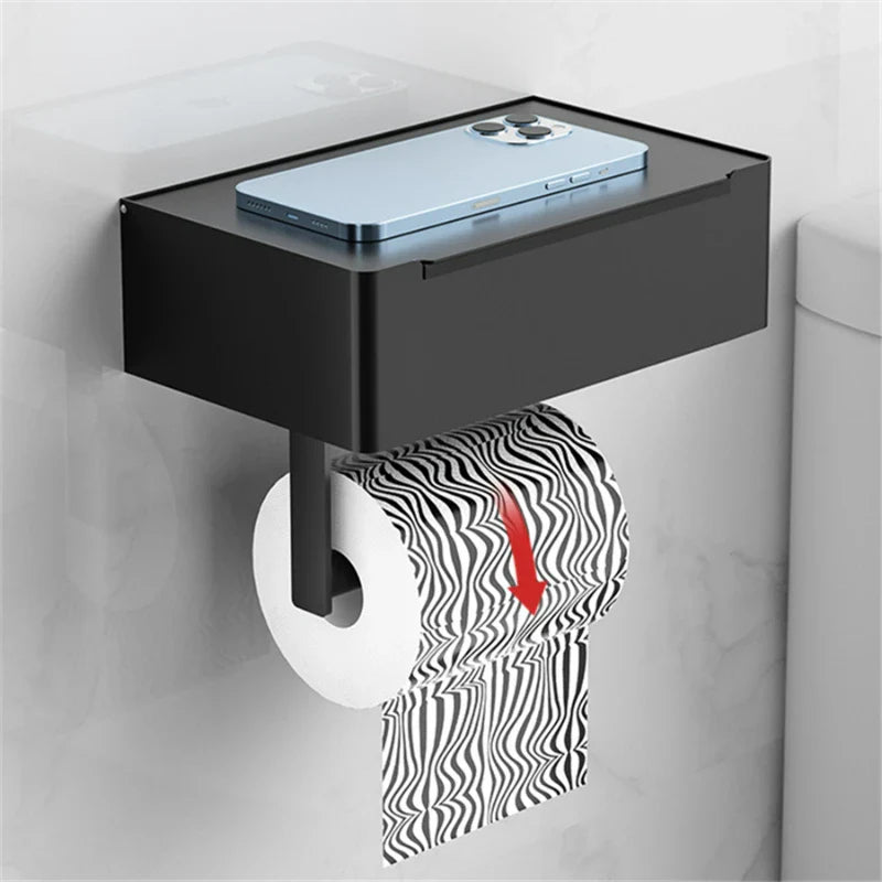 Afralia™ Toilet Paper Holder with Phone Shelf: Aluminum Tissue Roll Storage